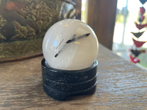 Black Tourmaline Rutilated in Quartz Crystal Sphere with wood stand