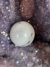 Load image into Gallery viewer, Black Tourmaline Rutilated in Quartz Crystal Sphere with wood stand