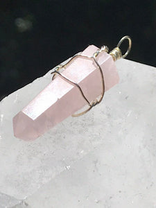 Rose Quartz Double Terminated Point Pendant Wrapped With Black Cord
