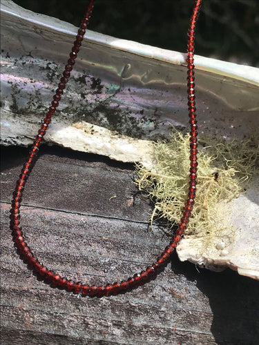 Beaded Garnet Faceted Necklace 19” long with Sterling Silver