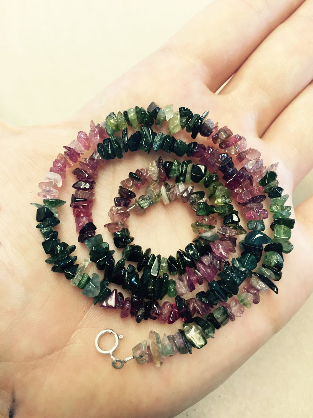Tourmaline Green and Pink Chip Bead Necklace 17.5